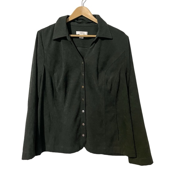 CJ Banks Vintage Faux Suede Emerald Green Collared Button Down Shacket - Picture 1 of 5
